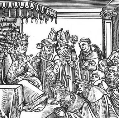 Holzschnitt: Ein Papst sitzt auf einem Thron, umgeben von Geistlichen und Bittstellern, die vor ihm knien.