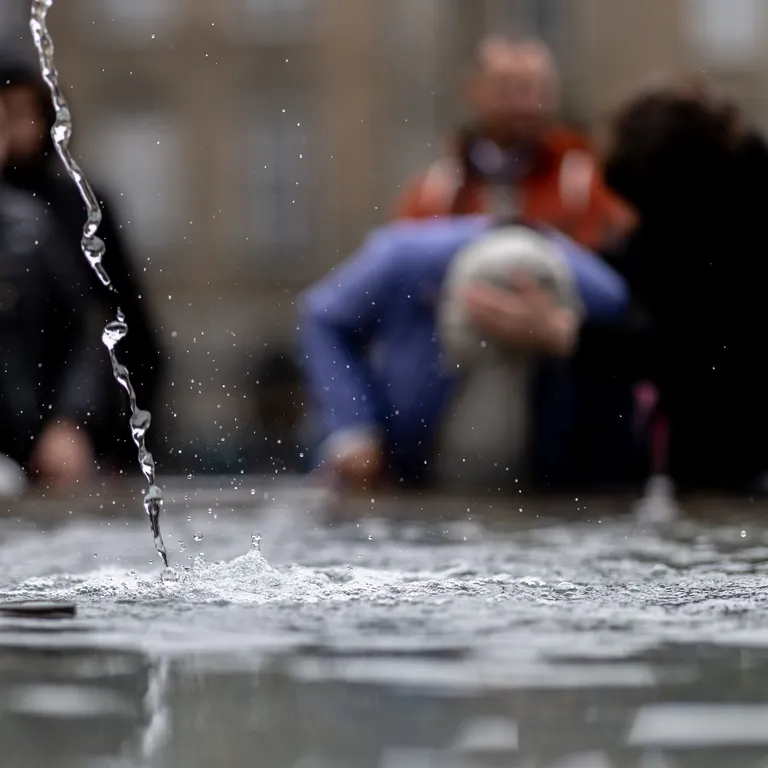 Nahaufnahme von Wasser; im Hintergrund sind unscharf mehrere Menschen zu erkennen.