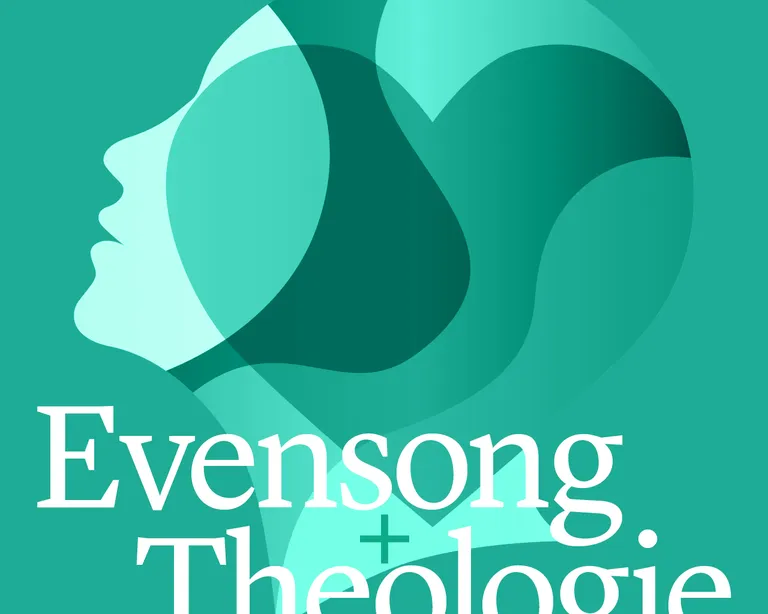 Alt-Text: Illustration eines stilisierten Gesichtsprofils mit den Worten «Evensong + Theologie» auf grünem Hintergrund.