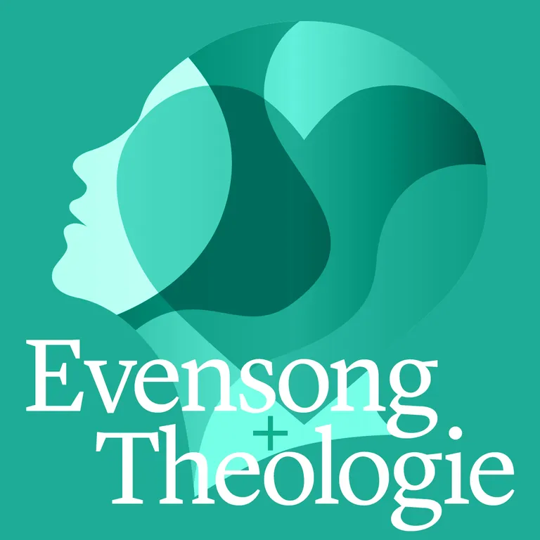 Alt-Text: Illustration eines stilisierten Gesichtsprofils mit den Worten «Evensong + Theologie» auf grünem Hintergrund.
