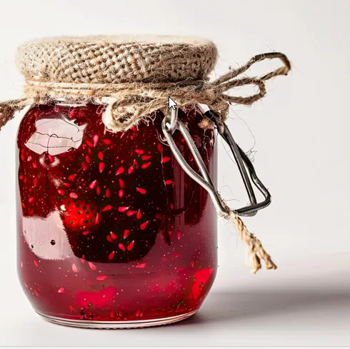 Ein Glas mit roter Marmelade, abgedeckt mit Stoff und Dekoband. Ein Symbolbild für die Suche nach Fruchtspenden für den Höngger Bazar.