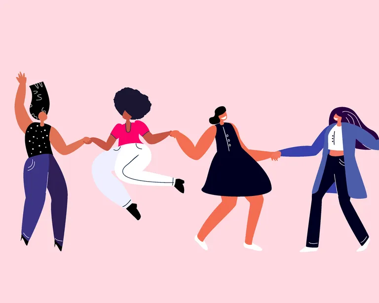 Illustration von zwölf verschiedenen Frauen, die sich an den Händen halten und gemeinsam tanzen, vor rosa Hintergrund.