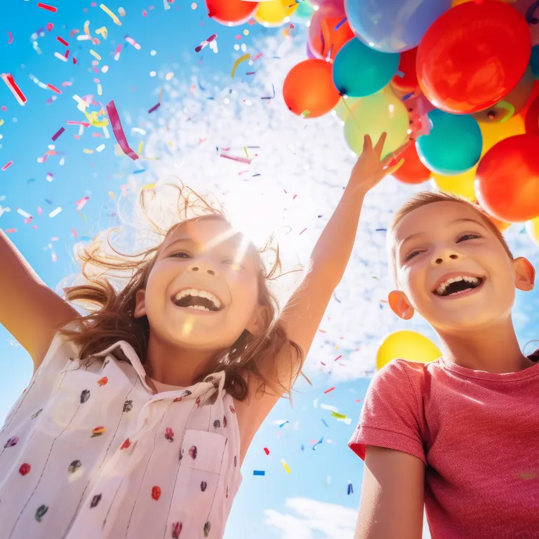 Zwei lachende Kinder feiern unter bunten Luftballons und Konfetti bei sonnigem Himmel.