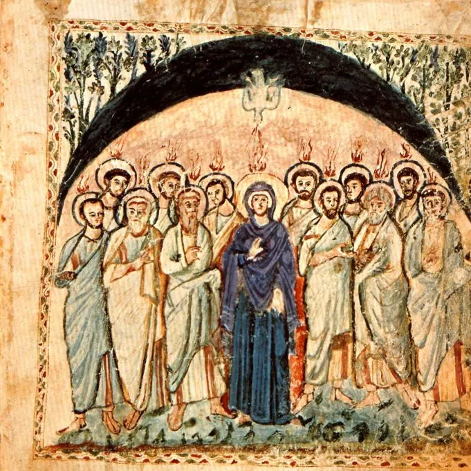 Alt-Text: Gemälde zeigt eine Gruppe von Personen in Gewändern, zentral steht eine Figur in Blau, alle unter einem Bogen.