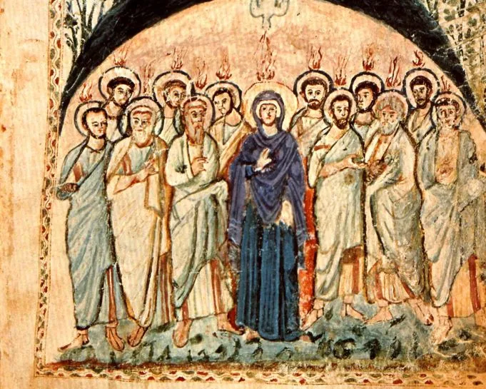 Alt-Text: Gemälde zeigt eine Gruppe von Personen in Gewändern, zentral steht eine Figur in Blau, alle unter einem Bogen.