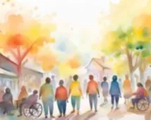 Mehrere Menschen, darunter einige im Rollstuhl, spazieren bei buntem Herbstwetter durch eine lebendige, sonnige Straßenlandschaft.