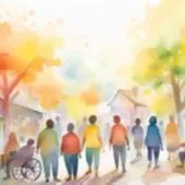 Mehrere Menschen, darunter einige im Rollstuhl, spazieren bei buntem Herbstwetter durch eine lebendige, sonnige Straßenlandschaft.