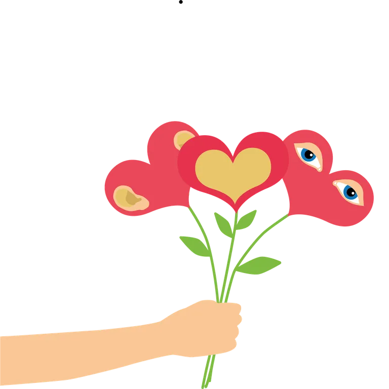 Eine Hand hält drei stilisierte Blumen mit roten Blüten und Herz- sowie Augendetails auf den Blättern.