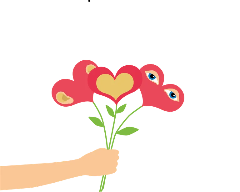 Eine Hand hält drei stilisierte Blumen mit roten Blüten und Herz- sowie Augendetails auf den Blättern.