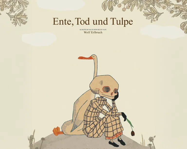 Eine Ente sitzt neben einer skelettartigen Figur mit Tulpe auf einem Hügel; oben steht «Ente, Tod und Tulpe».