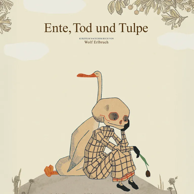 Eine Ente sitzt neben einer skelettartigen Figur mit Tulpe auf einem Hügel; oben steht «Ente, Tod und Tulpe».