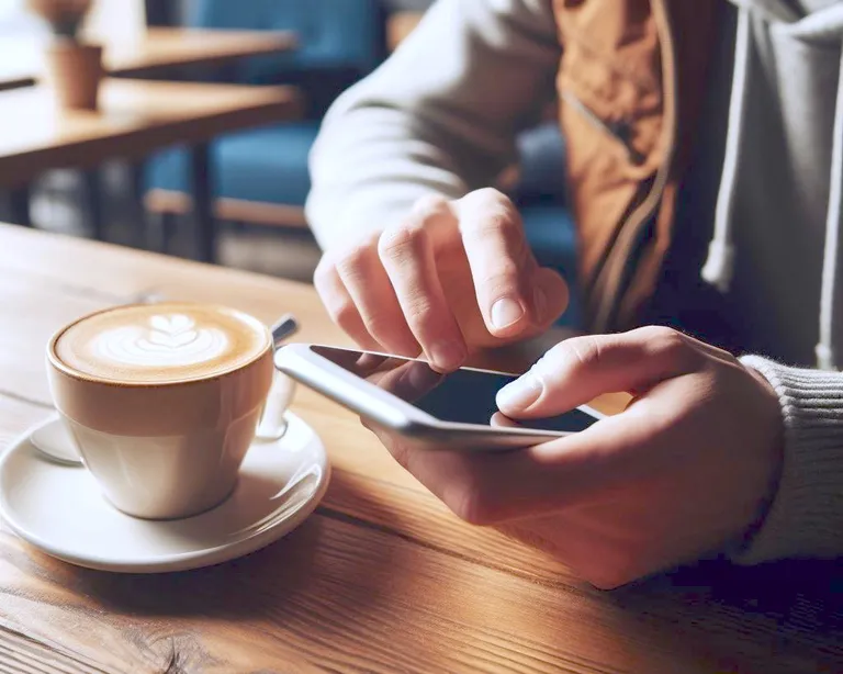 Person tippt auf Smartphone an Holztisch mit Cappuccino in einem Café.