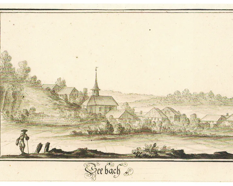 Zeichnung eines Dorfes mit Kirche, Hügeln im Hintergrund und einer Person im Vordergrund.