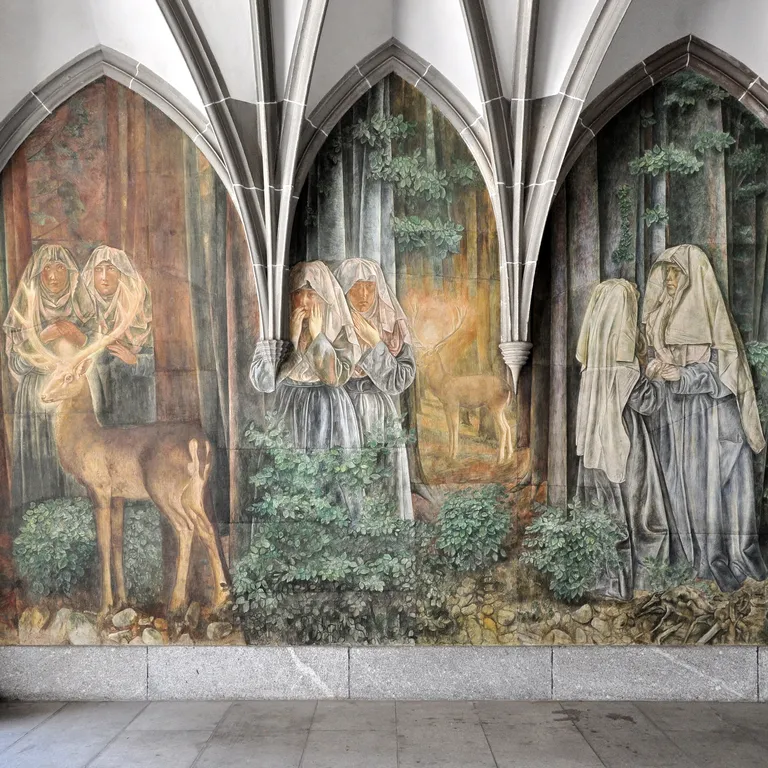 Wandgemälde im gotischen Gewölbegang des Fraumünsterkreuzgangs, das einen Hirschen mit leuchtendem Geweih in einem Wald zeigt.