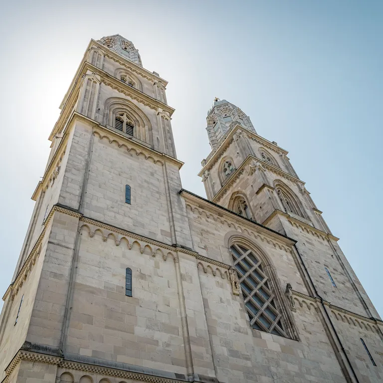 Kirche mit zwei Türmen, fotografiert aus der Froschperspektive bei sonnigem, klarem Himmel.