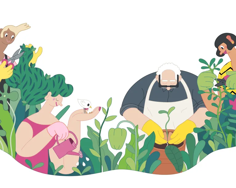 Vier Menschen gärtnern gemeinsam zwischen vielen grünen Pflanzen und Blumen.