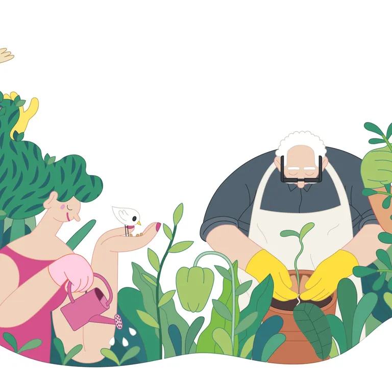 Vier Menschen gärtnern gemeinsam zwischen vielen grünen Pflanzen und Blumen.