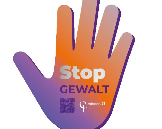 Gezeichnete Hand in Orange und Lila mit dem Text «Stop Gewalt» als Aufruf gegen Gewalt.