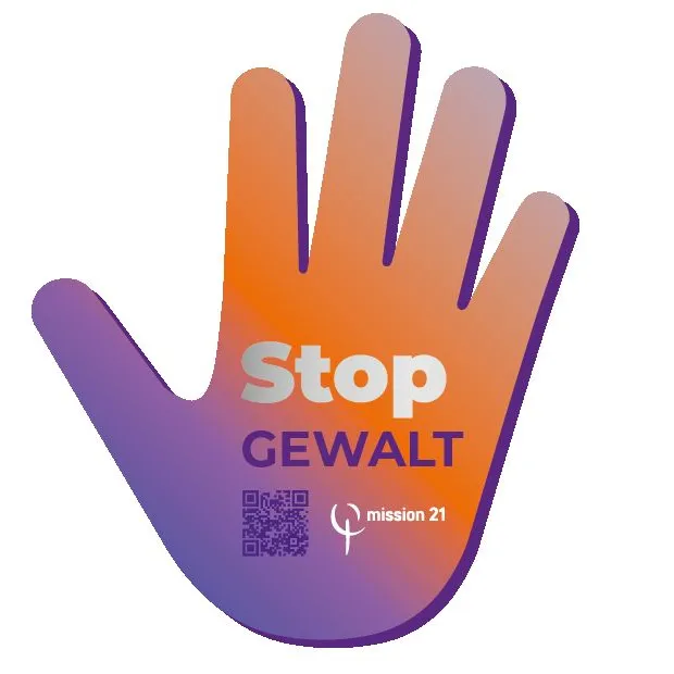 Gezeichnete Hand in Orange und Lila mit dem Text «Stop Gewalt» als Aufruf gegen Gewalt.