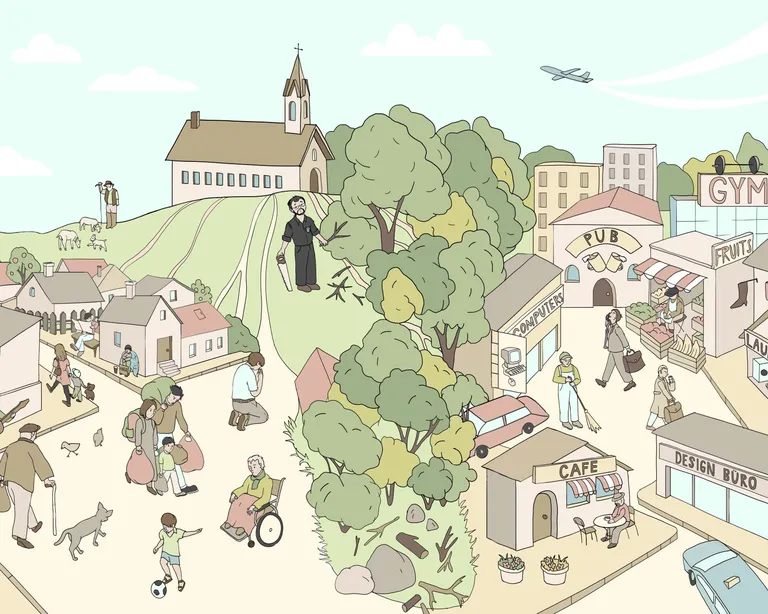 Illustration einer belebten Dorfszene mit Menschen, Häusern, Bäumen, einer Kirche im Hintergrund und einem Flugzeug am Himmel.
