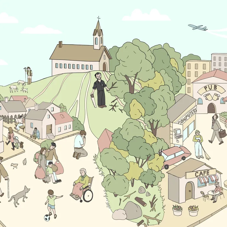 Illustration einer belebten Dorfszene mit Menschen, Häusern, Bäumen, einer Kirche im Hintergrund und einem Flugzeug am Himmel.