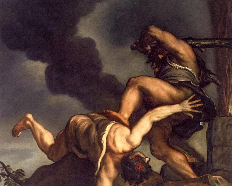 Ein dunkles Gemälde von Tizian: Zwei Männer - Kain und Abel - sind zu sehen. Kain erschlägt seinen Bruder Abel.