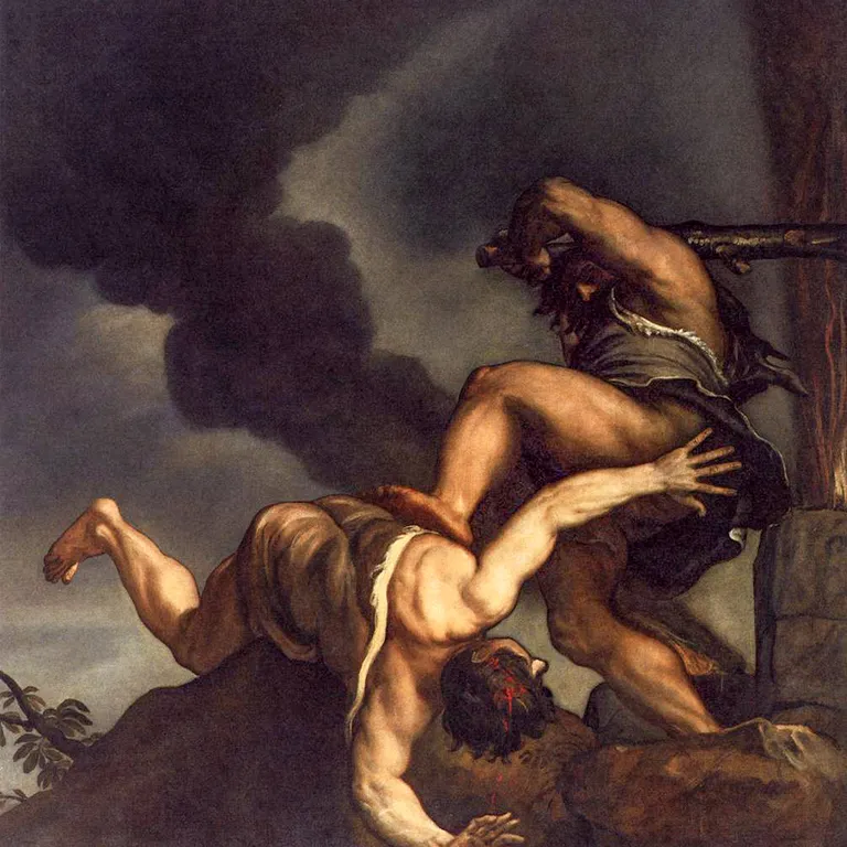 Ein dunkles Gemälde von Tizian: Zwei Männer - Kain und Abel - sind zu sehen. Kain erschlägt seinen Bruder Abel.