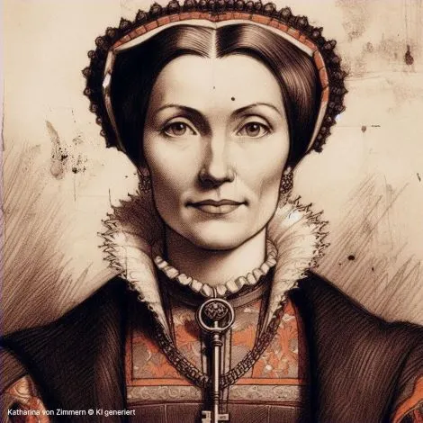 Porträt einer Frau in historischer Kleidung mit Haube und Kragen und Schlüssel um den Hals. Mit neutraler Miene vor beigem Hintergrund.