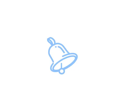 Blaue Glockensymbol-Grafik auf weißem Hintergrund, stilisiert und minimalistisch gezeichnet.