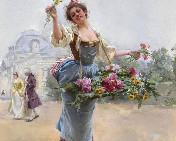 Eine Frau in traditioneller Kleidung trägt einen Korb voller Blumen und hebt fröhlich einen Strauß in die Luft.