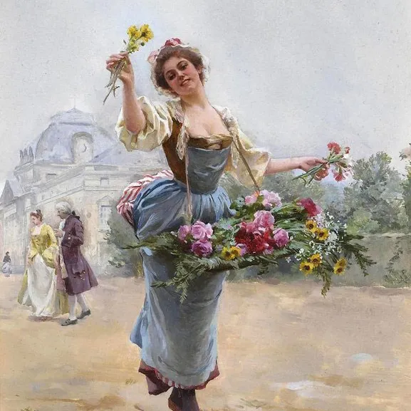 Eine Frau in traditioneller Kleidung trägt einen Korb voller Blumen und hebt fröhlich einen Strauß in die Luft.