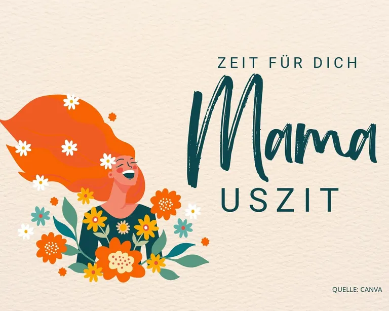 Illustration einer Frau mit orangefarbenen Haaren und Blumen, daneben der Text: «Zeit für dich Mamauszeit».