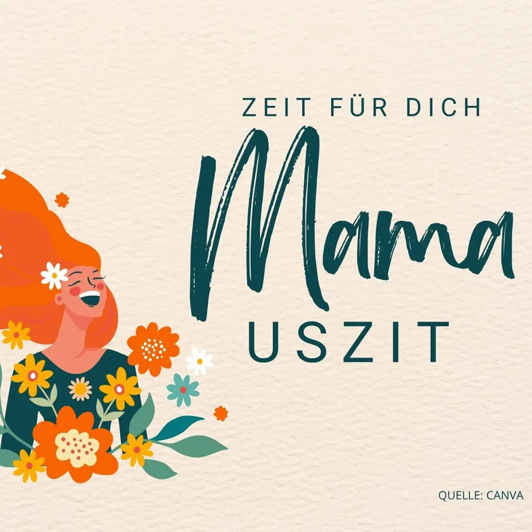 Illustration einer Frau mit orangefarbenen Haaren und Blumen, daneben der Text: «Zeit für dich Mamauszeit».