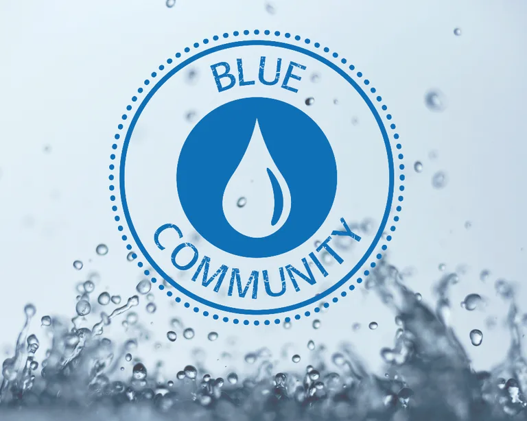 Blaues Logo mit Wassertröpfchen und Text «Blue Community», im Hintergrund spritzendes Wasser.