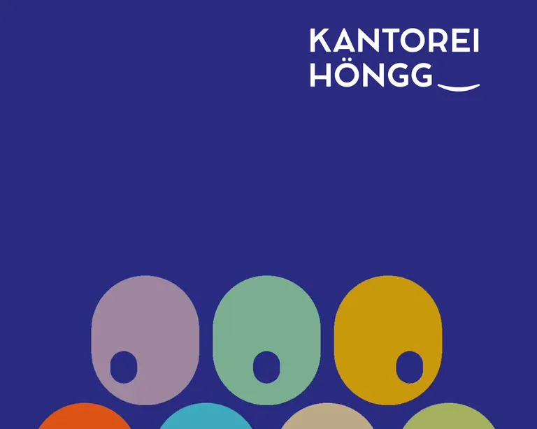 Bunte ovale Formen mit schwarzen Punkten auf blauem Hintergrund, oben steht «Kantorei Höngg» in weißer Schrift.