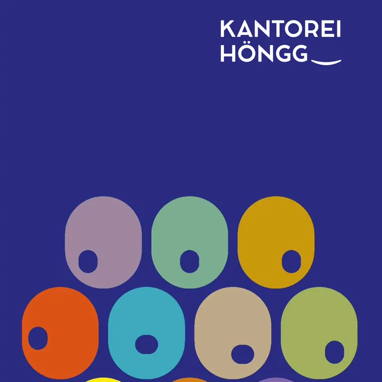 Bunte ovale Formen mit schwarzen Punkten auf blauem Hintergrund, oben steht «Kantorei Höngg» in weißer Schrift.