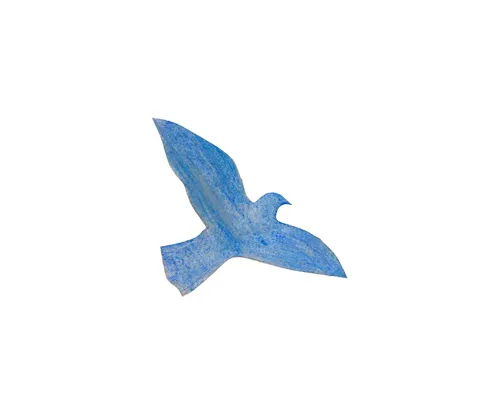 Blauer Vogel fliegt nach rechts auf weißem Hintergrund, einfache, stilisierte Zeichnung.