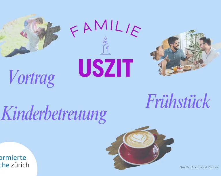 Lila Schrift auf hellblauem Hintergrund: «Familie Uszit» mit Kerzen-Zeichnung und Text «Vortrag. Frühstück. Kinderbetreuung.»