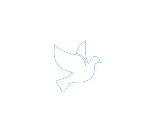Einfach gezeichnete, hellblaue Silhouette einer fliegenden Taube auf weissem Hintergrund.