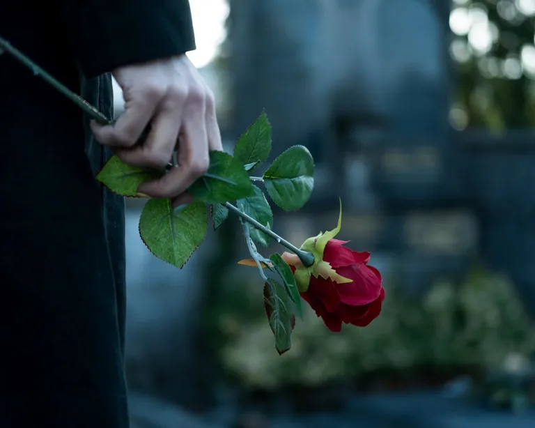 Eine Hand hält eine einzelne rote Rose vor einem unscharfen Hintergrund, vermutlich auf einem Friedhof.