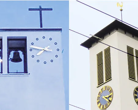 Kirchtürme der kath. Kirche St Theresia und ref. Kirche Friesenberg