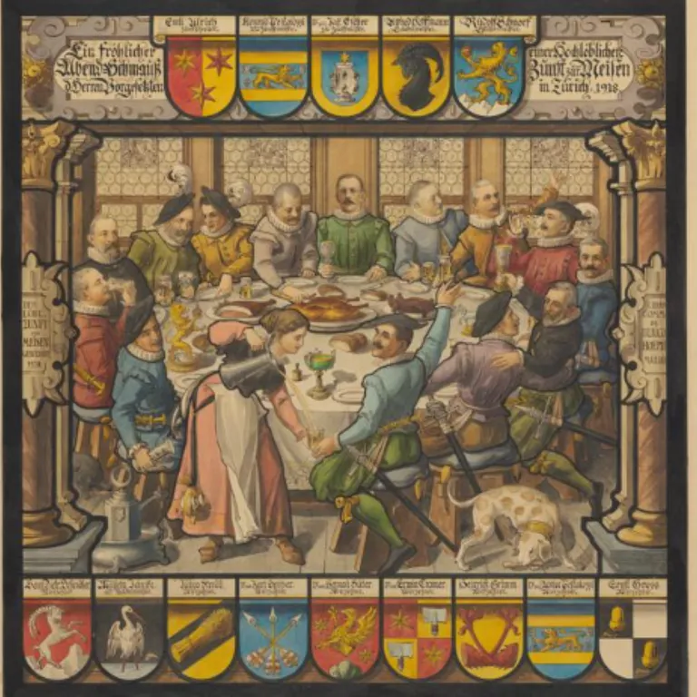 Scheibenriss mit Männern an einem runden Tisch, im Hintergrund Wappen, bunte Kleidung, mittelalterliche Szene, festliche Atmosphäre.