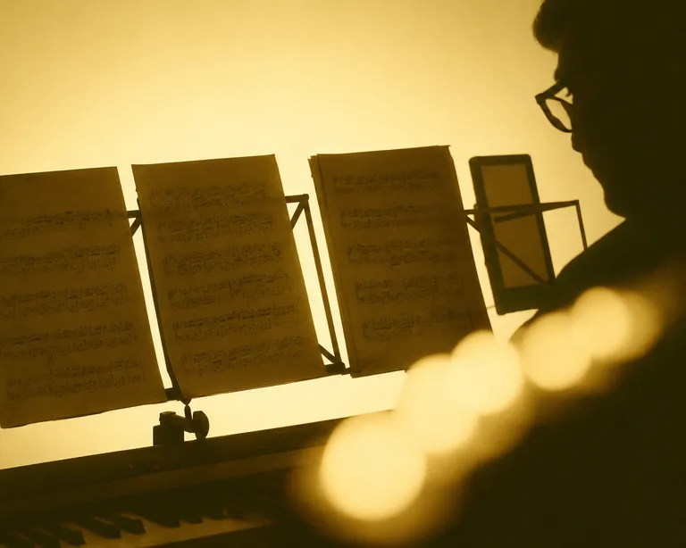 Ein Mensch sitzt am Klavier, vor ihm ein Notenständer mit Notenblättern, alles in sepiafarbenem Licht.
