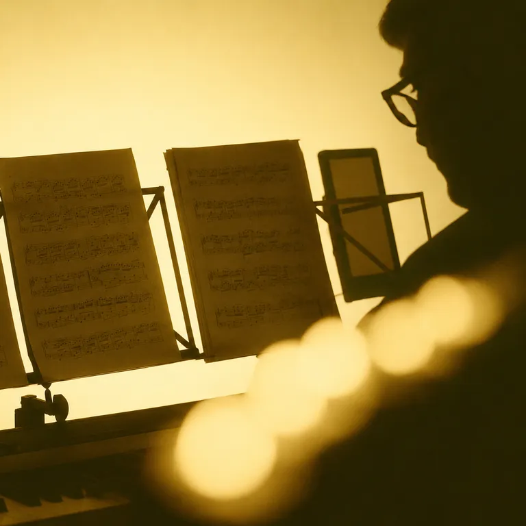 Ein Mensch sitzt am Klavier, vor ihm ein Notenständer mit Notenblättern, alles in sepiafarbenem Licht.
