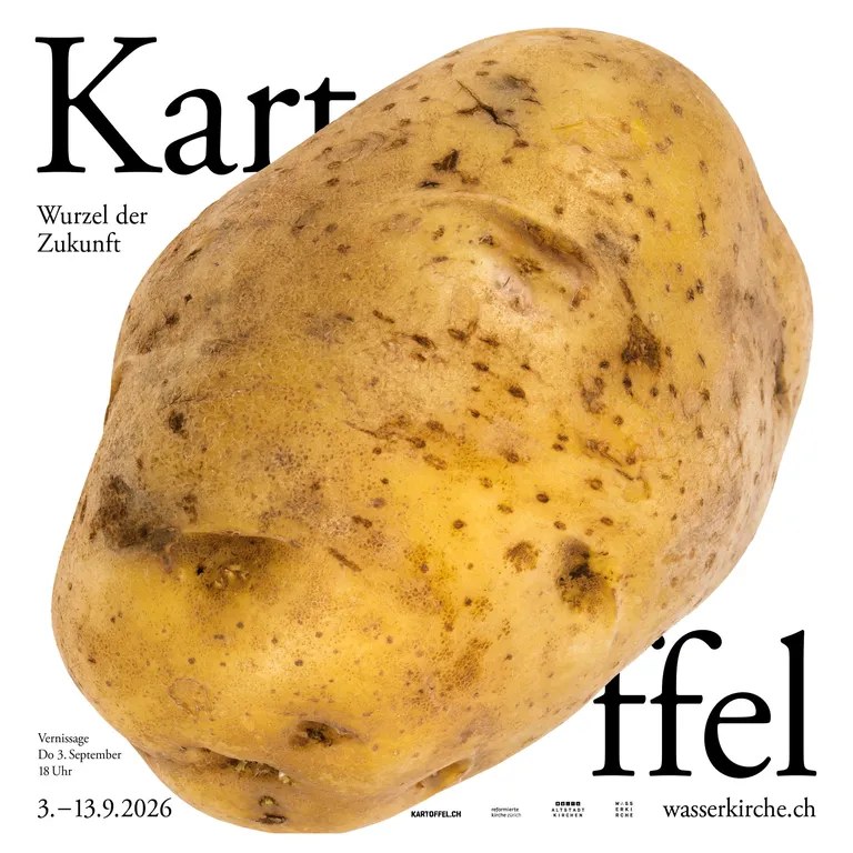 Eine einzelne braune Kartoffel liegt mittig auf weißem Hintergrund mit schwarzem Text im Hintergrund.