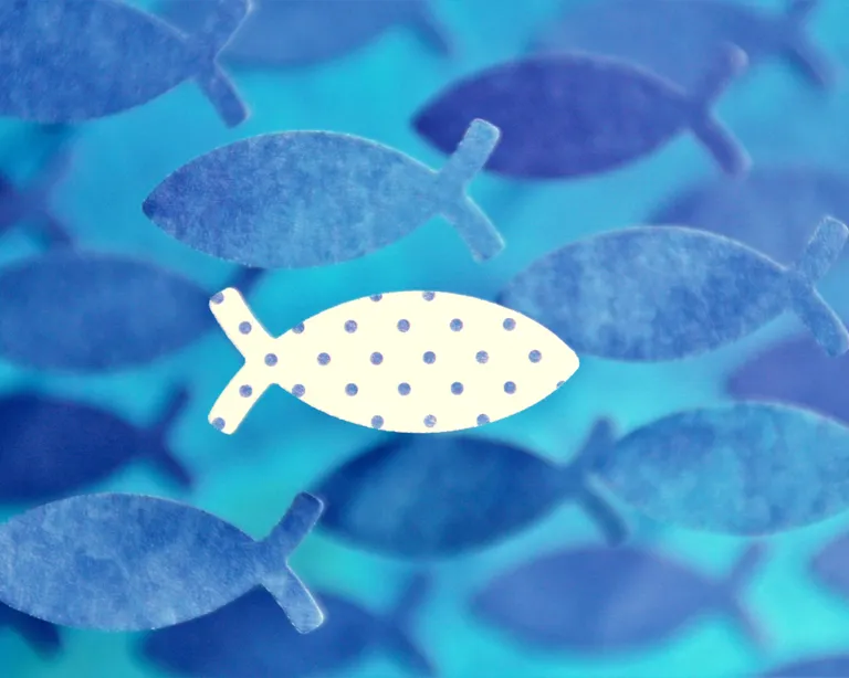Ein weißer Fisch mit Punkten schwimmt inmitten vieler blauer Fische auf blauem Hintergrund.