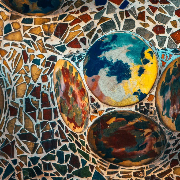 Mosaik aus bunten Fliesen mit runden, gemusterten Elementen in Blau, Gelb und Rot auf unregelmäßigem Hintergrund.