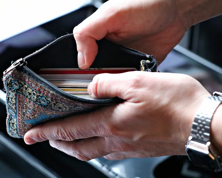 Eine Person hält eine geöffnete Geldbörse mit mehreren sichtbaren Karten in der Hand.
